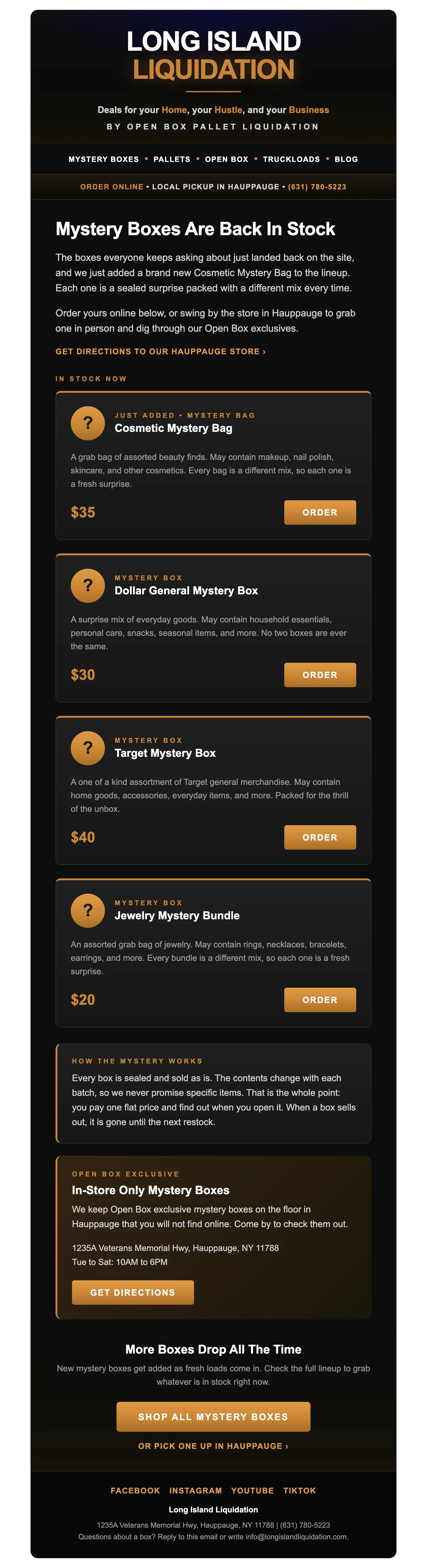 Email design: Fresh mystery boxes in stock, beat the Saturday rush