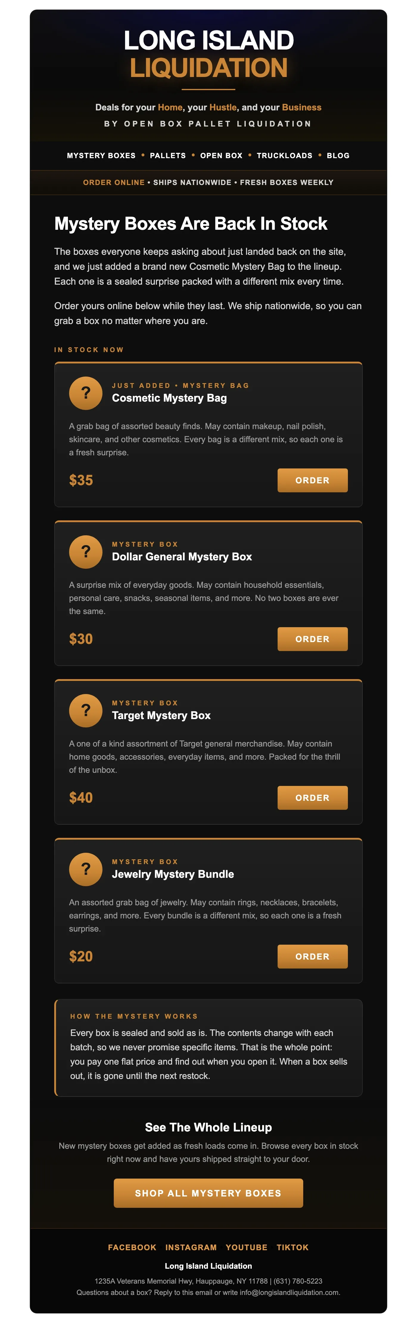 Email design: Mystery boxes are back in stock
