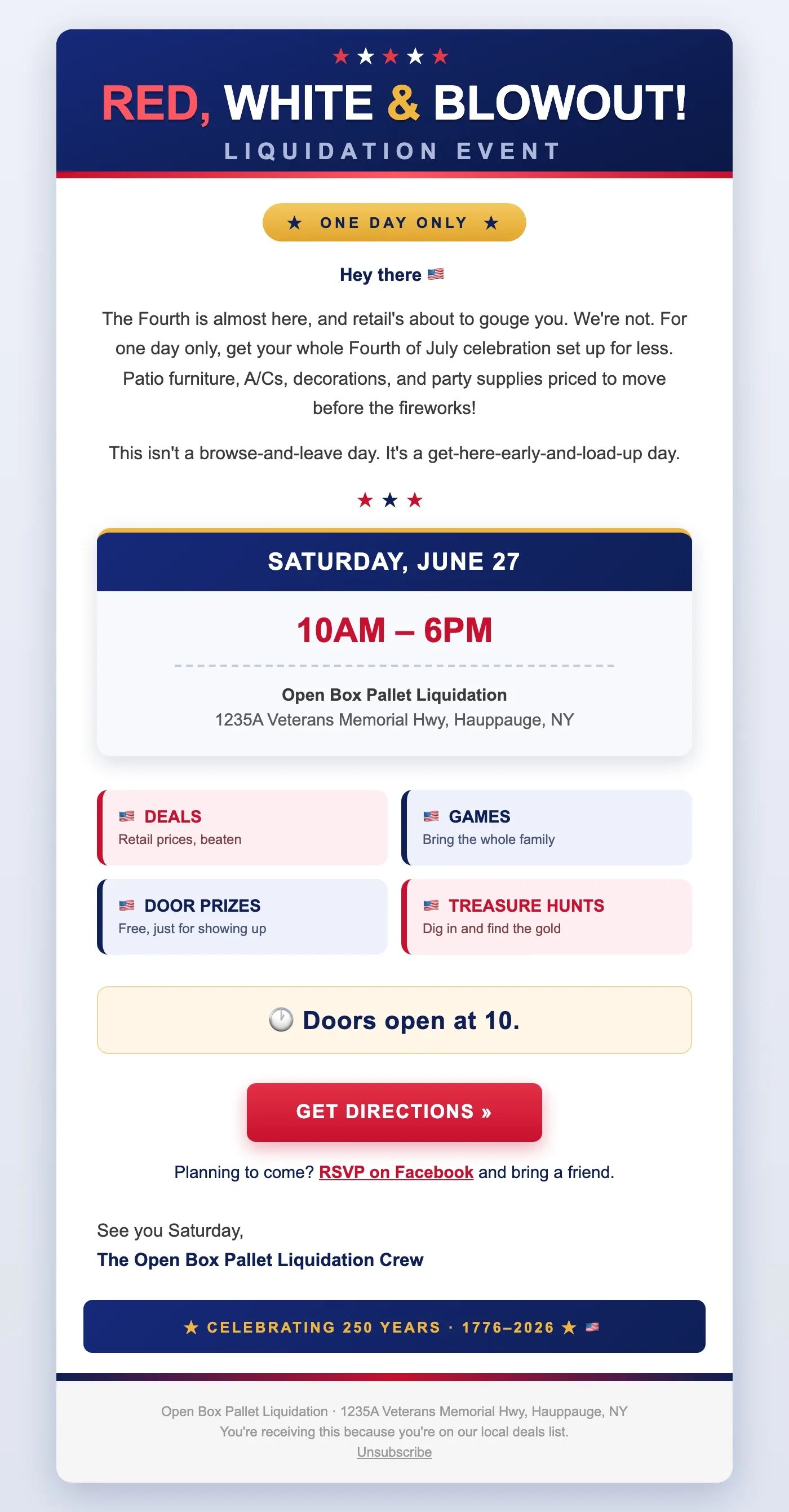 Email design: 🇺🇸 You're invited: Red, White & Blowout this Saturday
