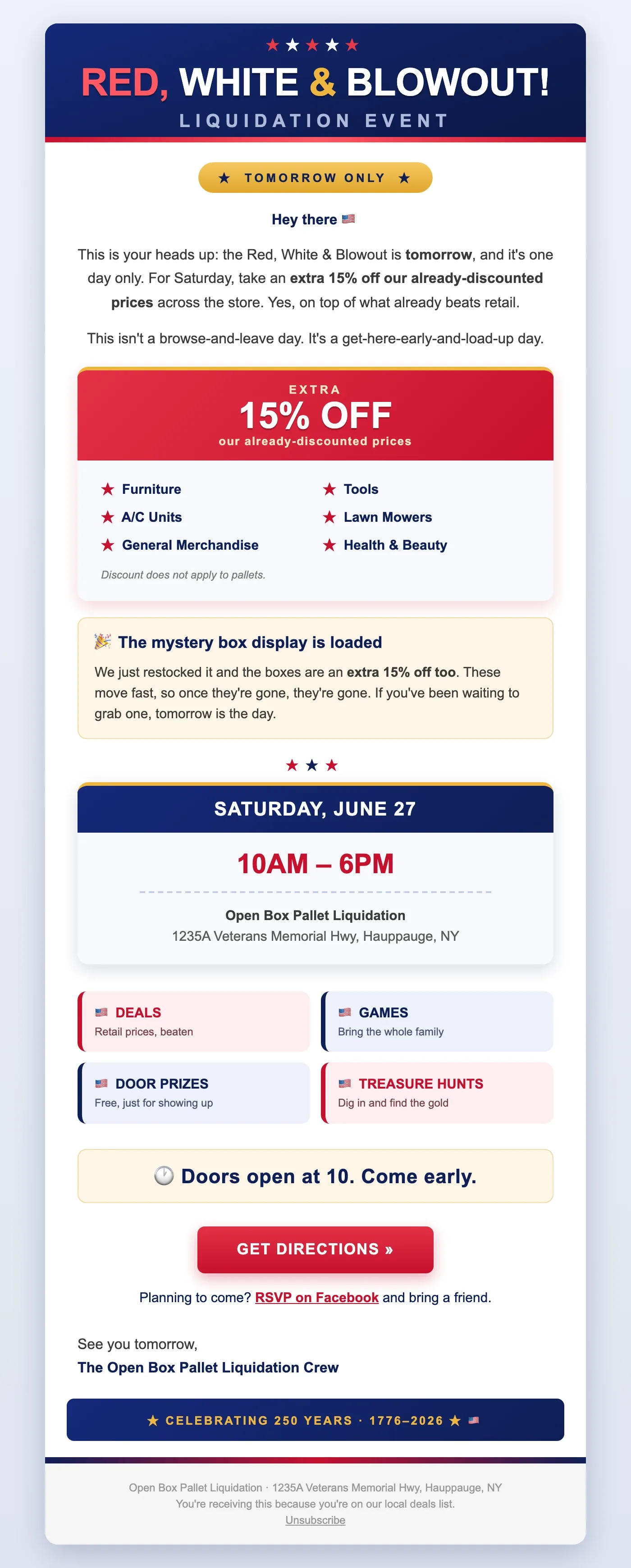 Email design: Red White and Blowout Liquidation Event TOMORROW!