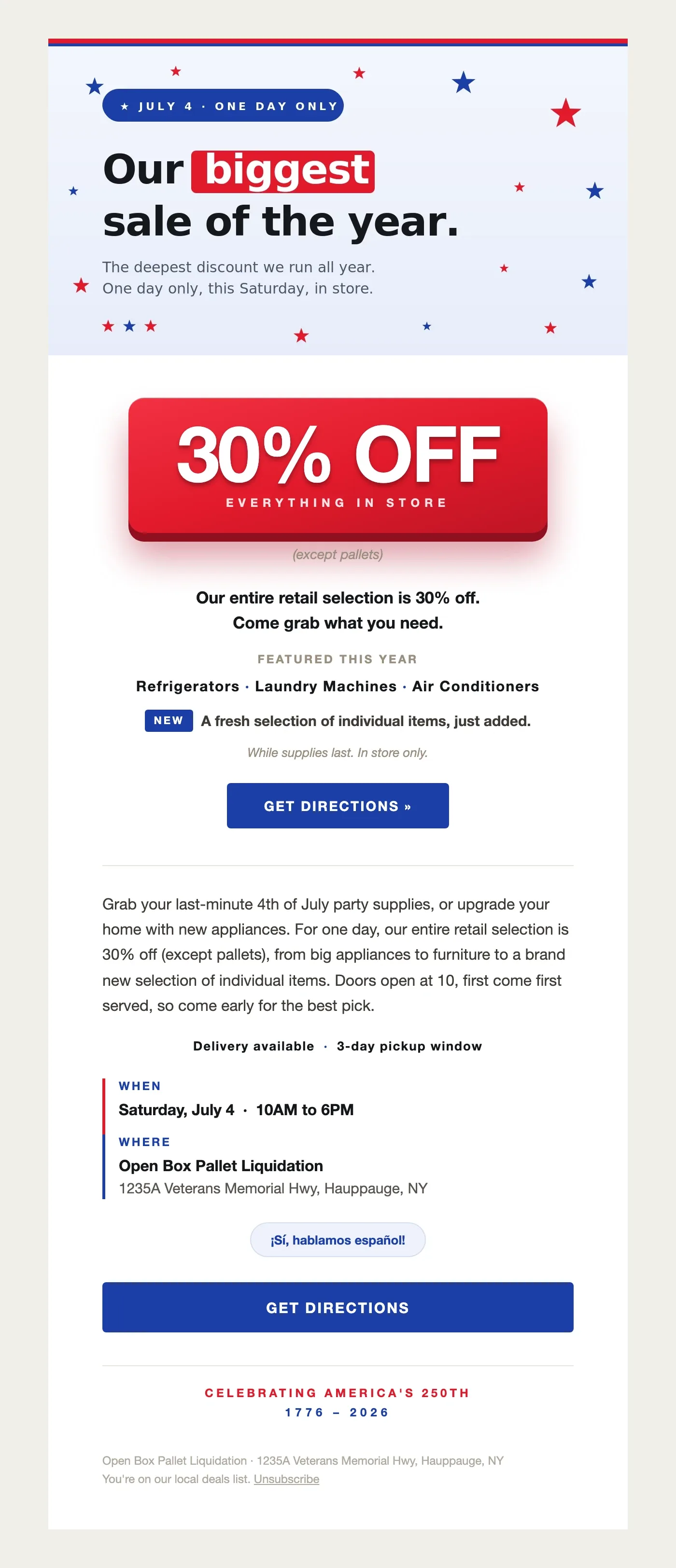 Email design: 30% off our entire retail selection, July 4th only