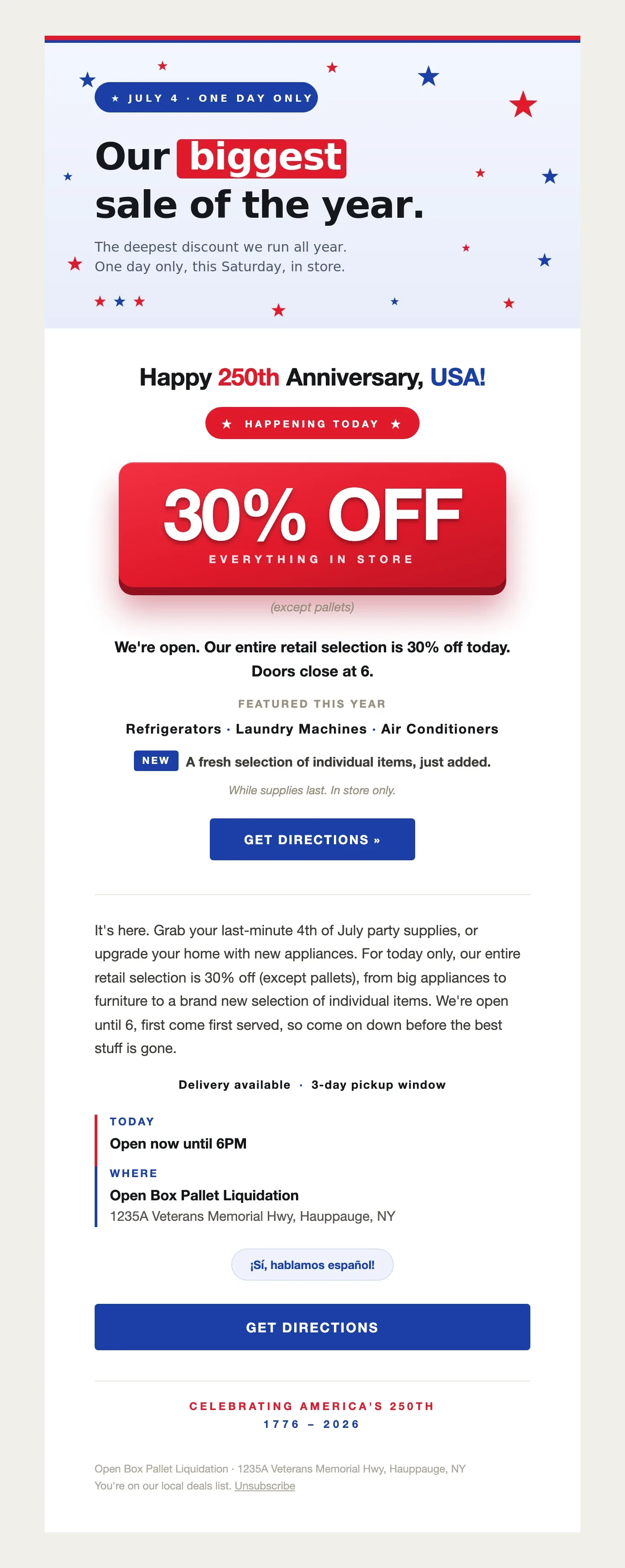 Email design: Happy 250th, USA. 30% off today only